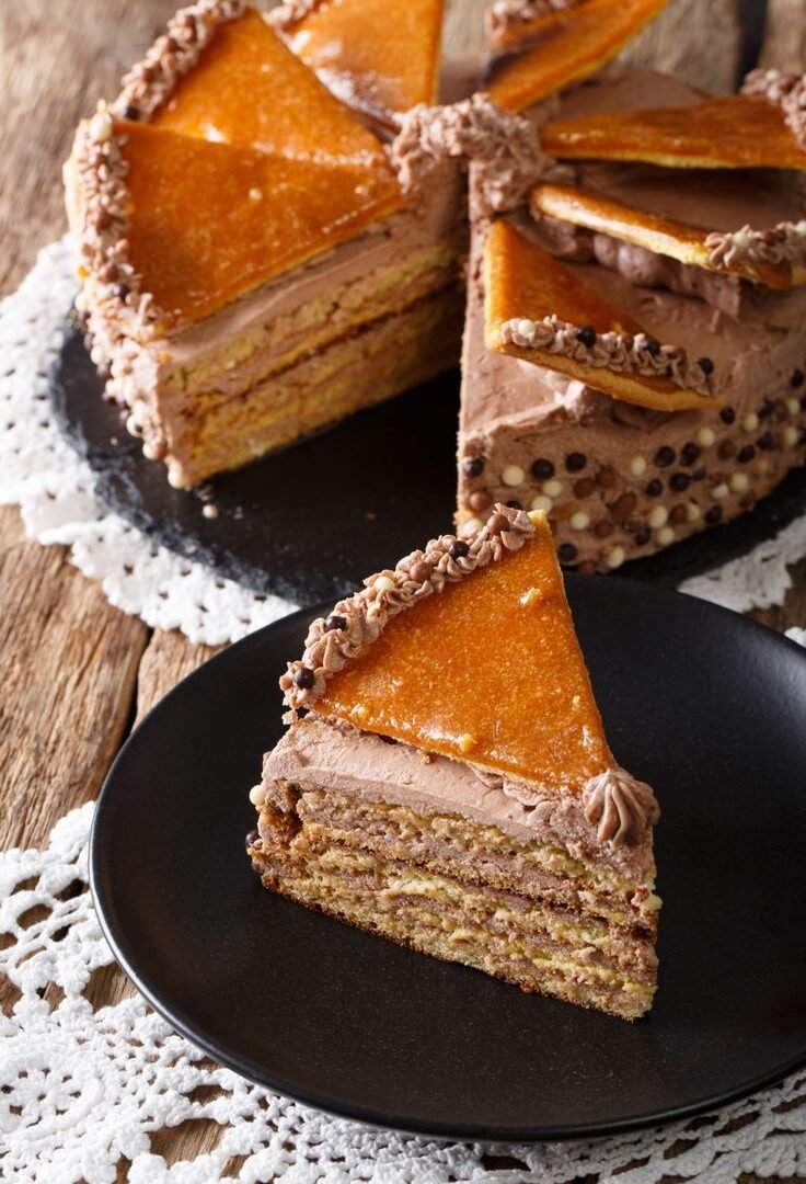 Dobos Torta: Hungarian Layer Cake Delicatessen piece Hungarian Dobosh cake with caramel close-up.
